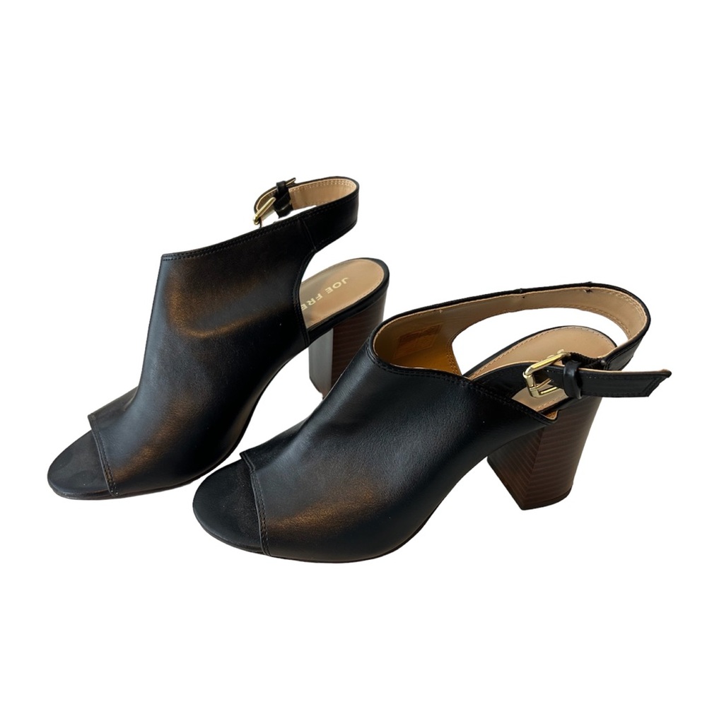 Joe Fresh Slingback Black Faux Leather Mules Block Heel Peep Toe Sandals